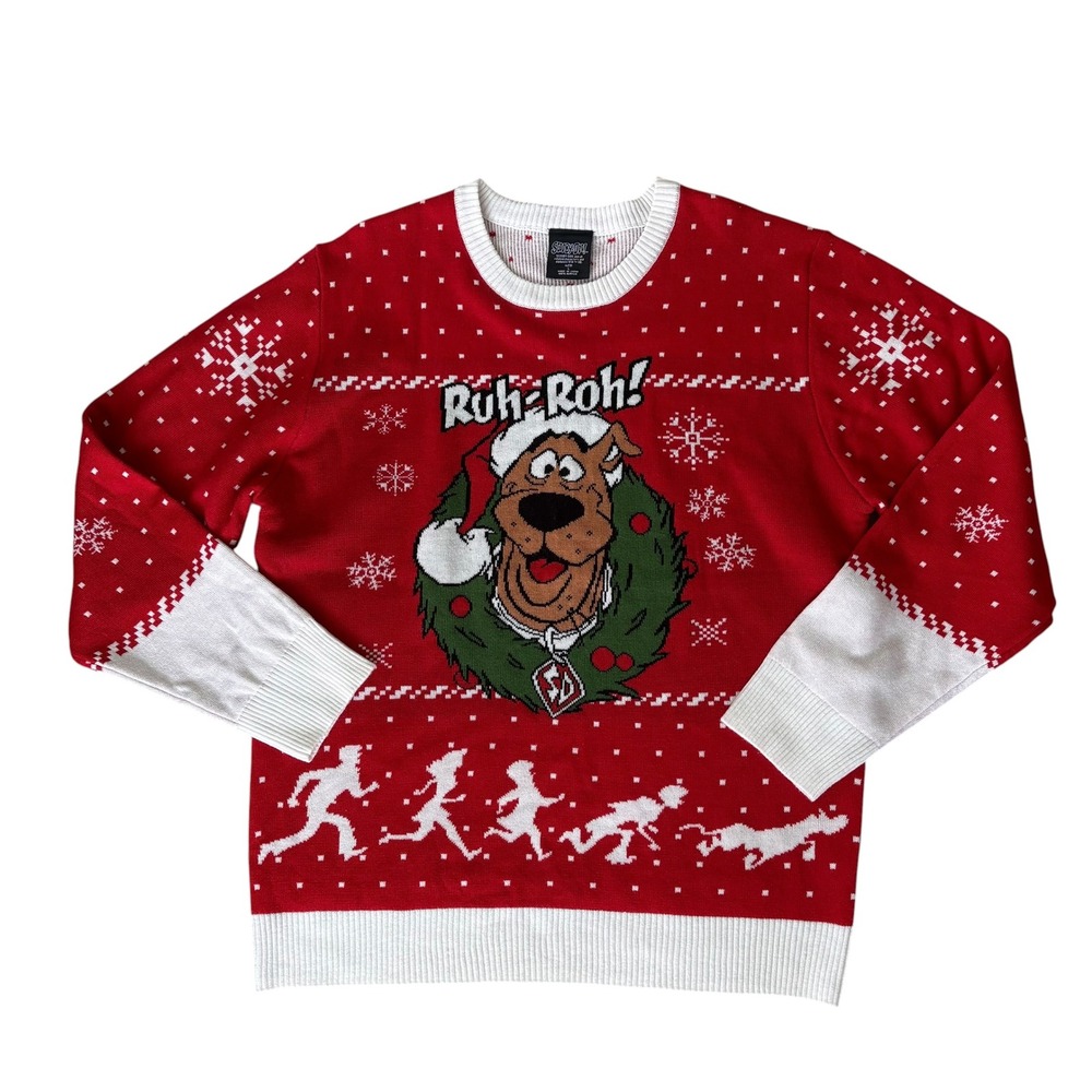 Scooby-Doo Mens Christmas Holiday Sweater Red White Snowflake L Cartoon Retro